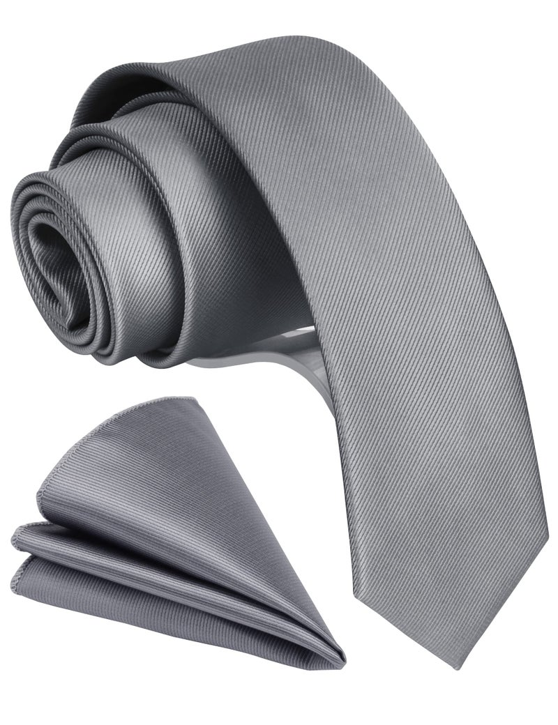 GUSLESON 2.4" Solid Silver Tie For Men Dark Gray Slim Skinny Necktie and Pocket Square Set (0754-05) - Image 1
